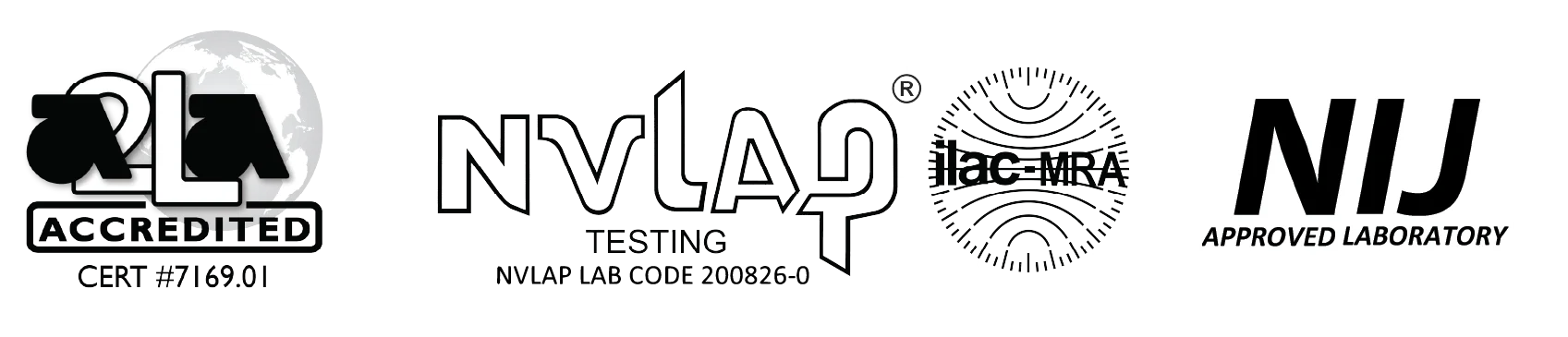 Oregon Ballistic Laboratories accreditations: A2LA Accredited Cert #7169.01, NVLAP Testing Lab Code 200826-0, ilac-MRA, NIJ Approved Laboratory